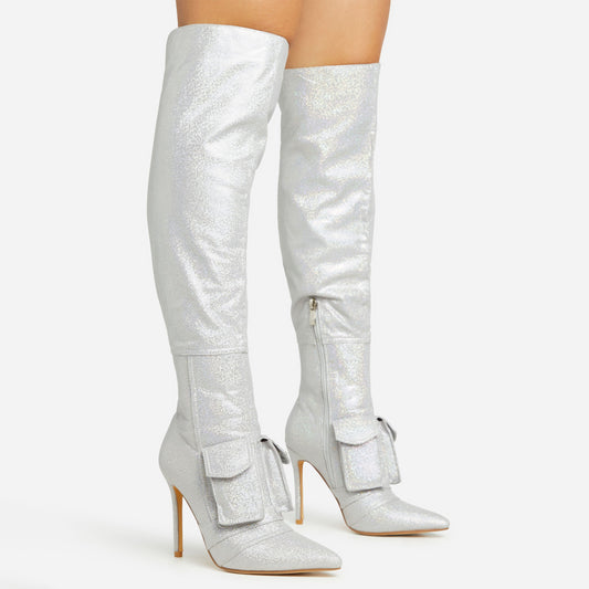 Silver Glitter Thigh-High Pocket Boots