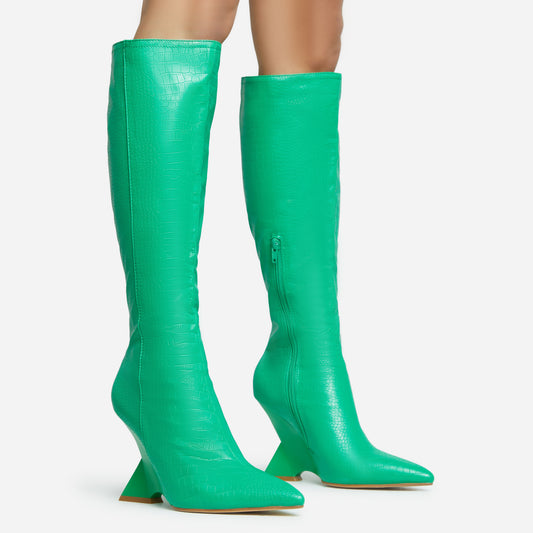 Croc-Embossed Knee-High Boots