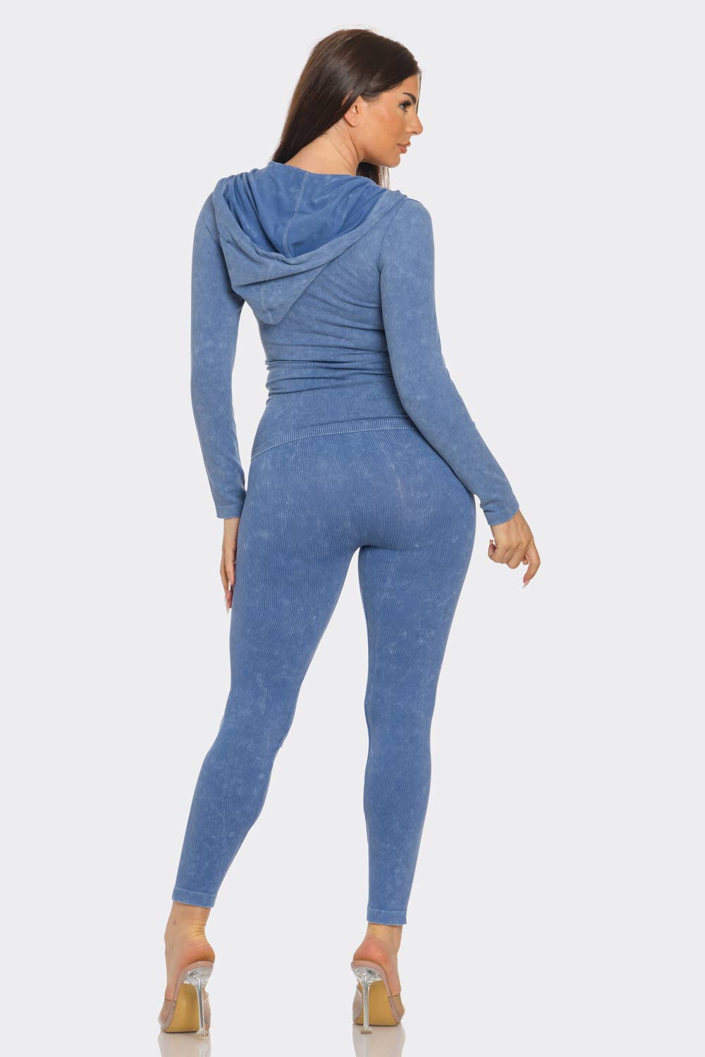 Washed Seamless Rib Zip Up Hoodie Jacket And Leggings Set